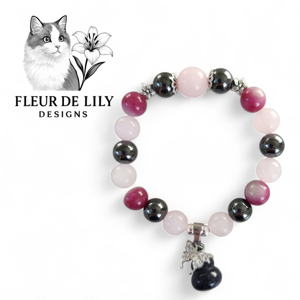 Natural Stone 8-10mm Rose Quartz, Watermelon Tourmaline, Hematite and Silver